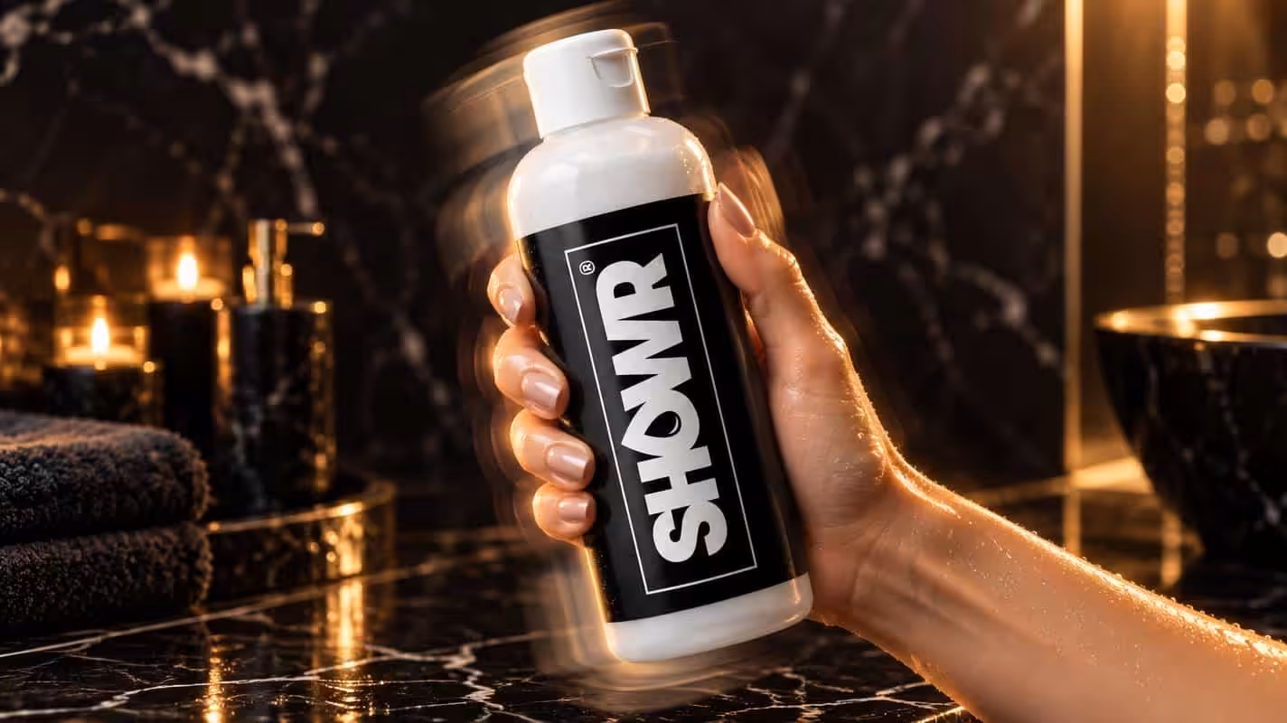 Hand schüttelt fest verschlossene SHOWR Duschgelflasche zur Aktivierung der Duschgel-Formel – Zubereitung Schritt 3